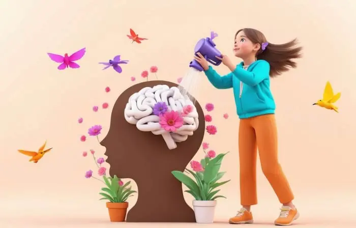 Growing Mind Concept Girl Watering Brain 3D Art Illustration